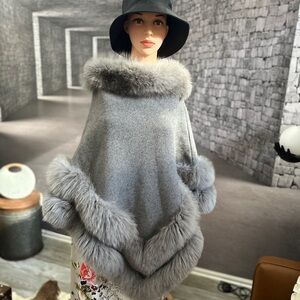 Belle Fare Grey Real Fox Fur Trim Pullover Poncho Oversized